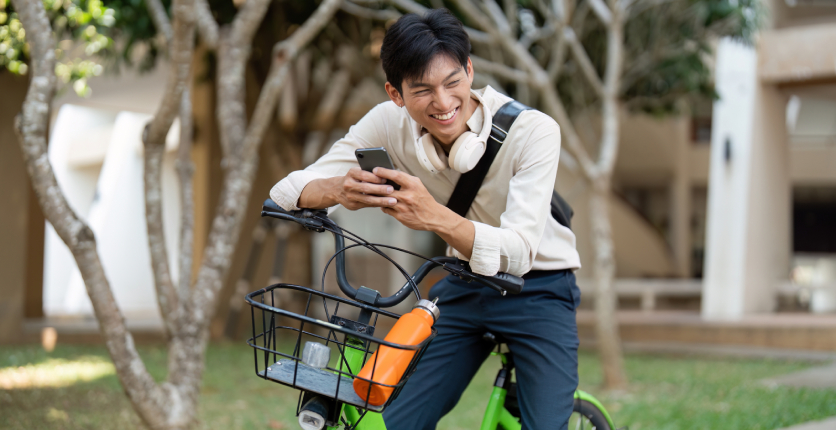 Sustainability man on bicycle riding to work